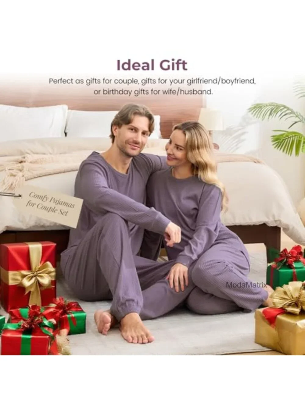 Ribbed Knit Matching Pajamas for Couples - Long Sleeve Top & Wide Pant